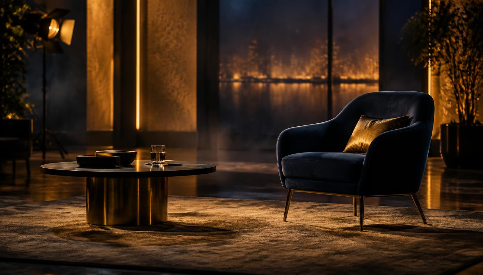 A softly lit interview set
